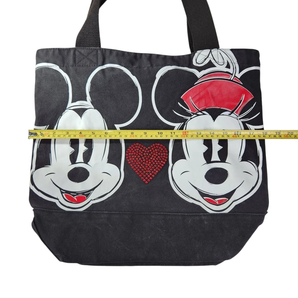 Disney Mickey & Minnie Mouse Tote Bag Black Denim Rhinestone Heart Shoulder Bag